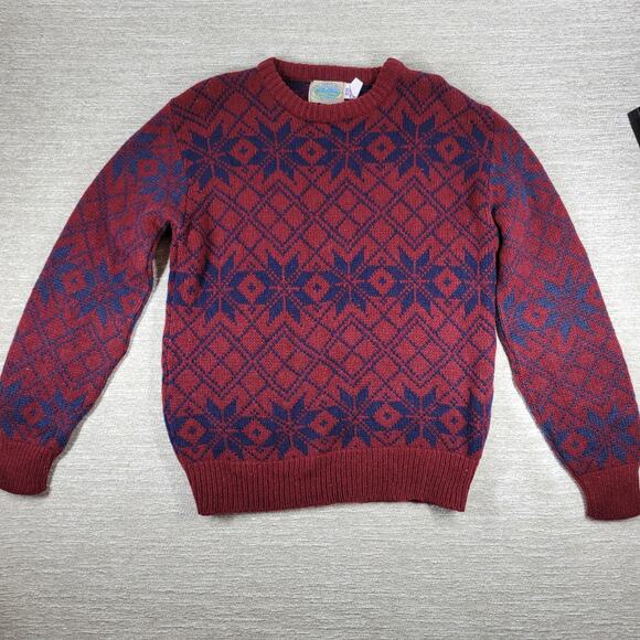 Royal North Mills Outfitters Wool Sweater Nordic Snowflake Red Blue USA Made L - Picture 1 of 13
